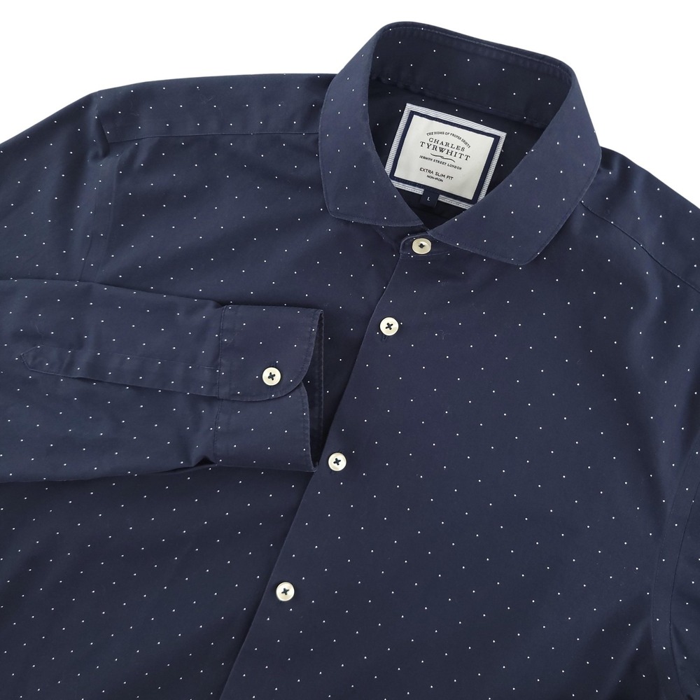 Charles Tyrwhitt Dress Shirt Mens Large Blue Polka Dot Extra Slim Non Iron